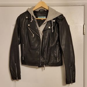 Layered leather jacket with hood